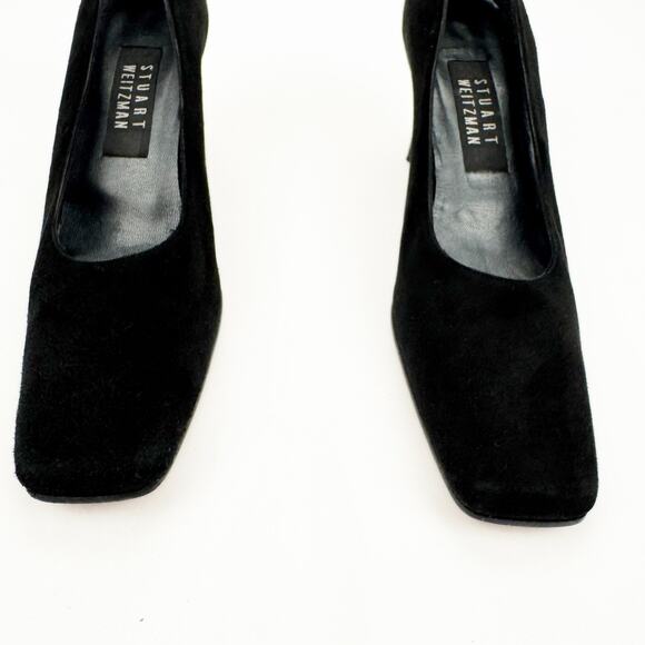 Vintage Stuart Weitzman Black Suede Leather Square Toe Wide Mid Heel Pump Sz 7 - Picture 14 of 15